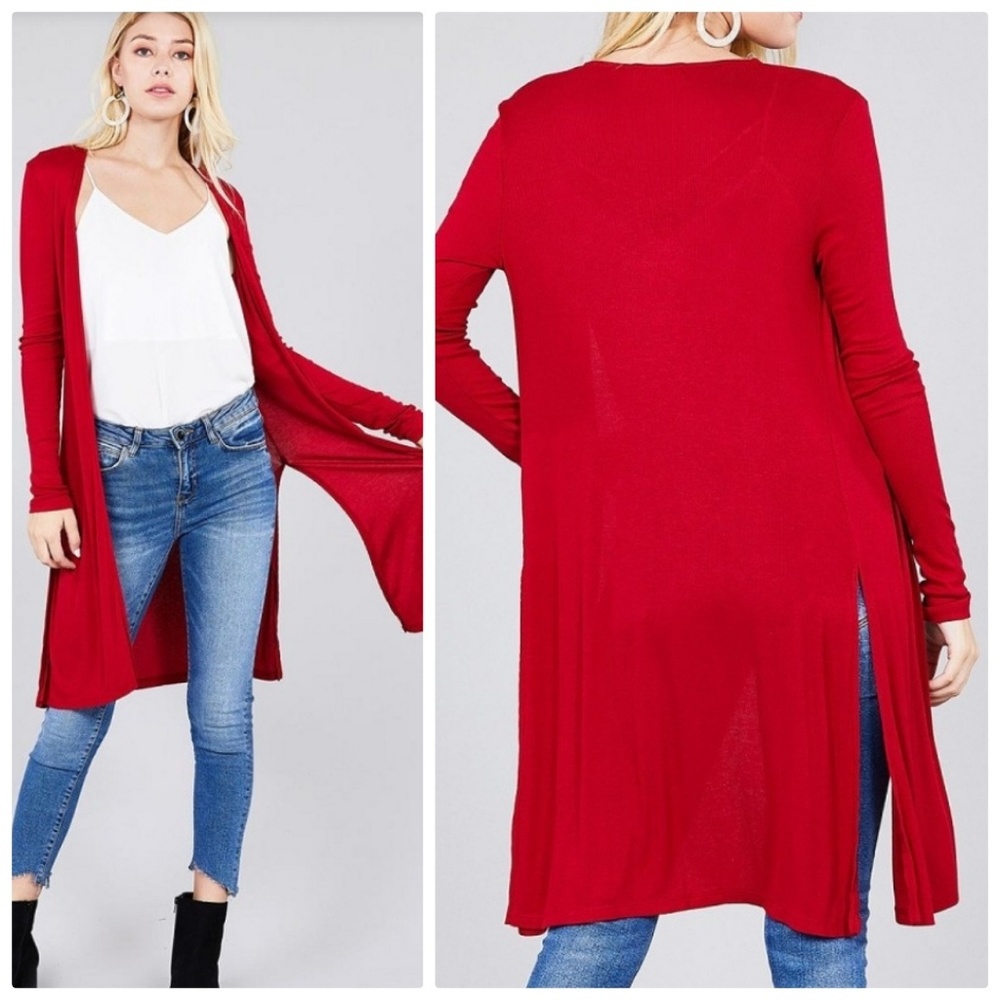 PLUS Red Long Slit Sides Open Ribbed Cardigan